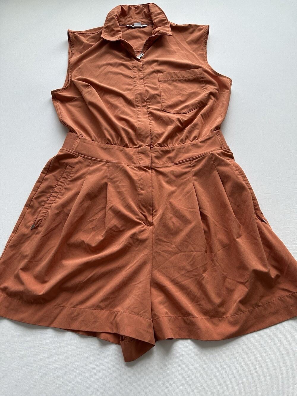 Athleta Brooklyn Utility Romper Womens Rust Orange Collared Zip Pockets-SZ 10